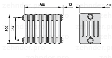 Схема (чертеж) Радиатор Zehnder Charleston 6030/8 №1270 Белый глянцевый RAL 9016